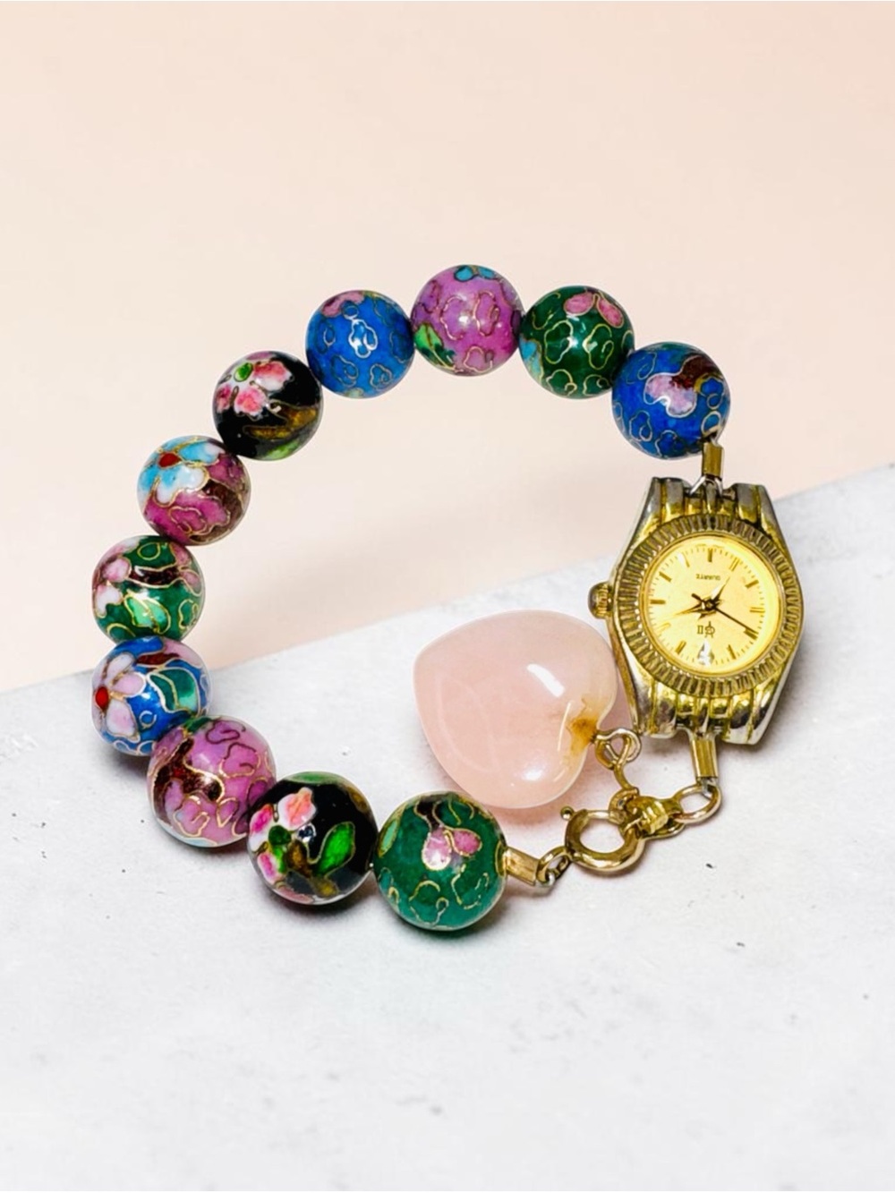 Multicolor Cloisonné Beaded Bracelet Watch with Rose Quartz Heart Charm